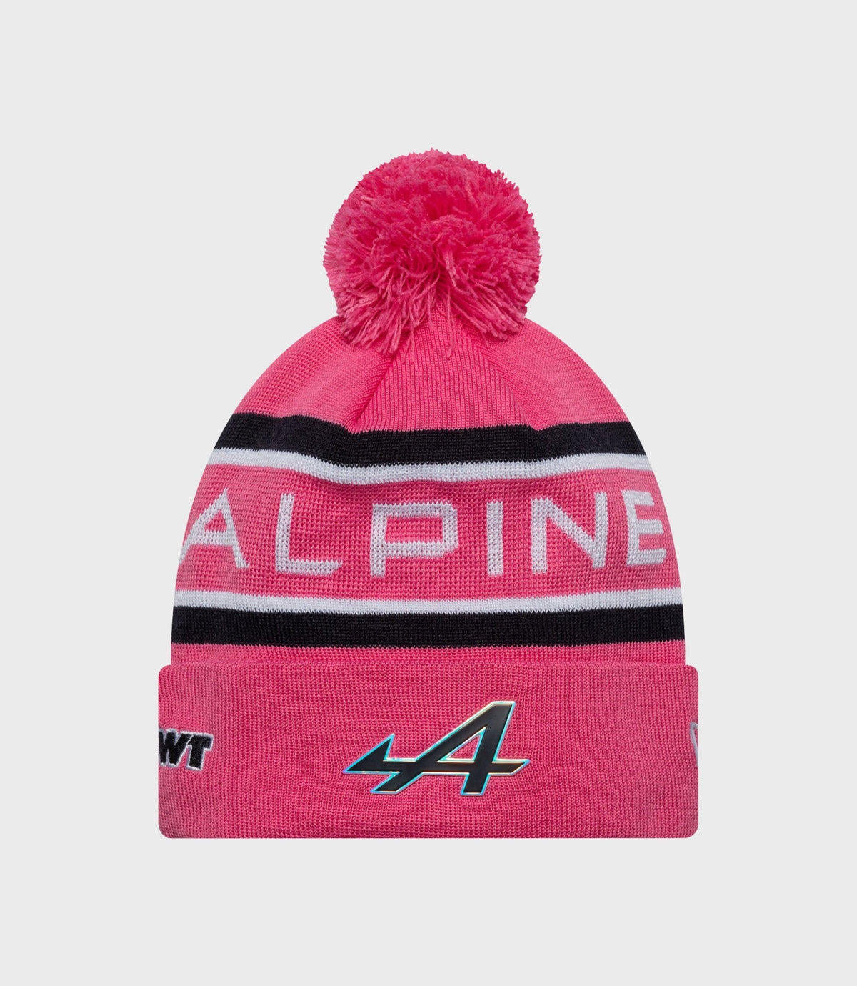 Pink knit beanie with fluffy pompom and Alpine branding on striped cuff