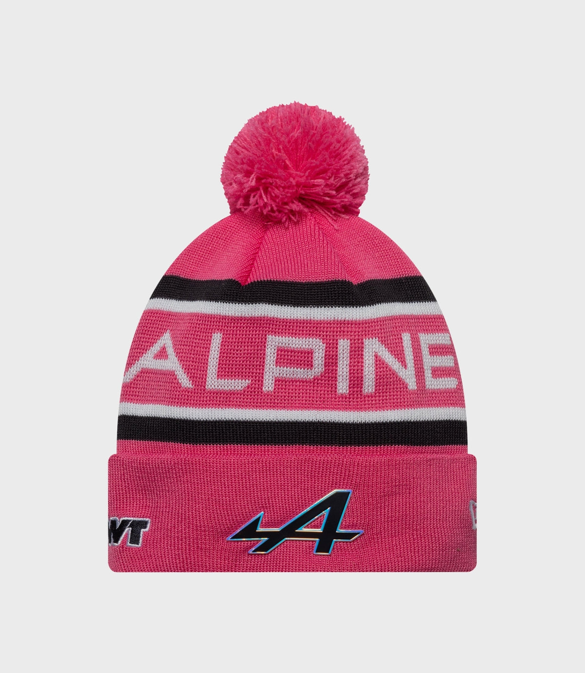 Pink knit cuff beanie with fluffy pom pom and Alpine branding on the cuff
