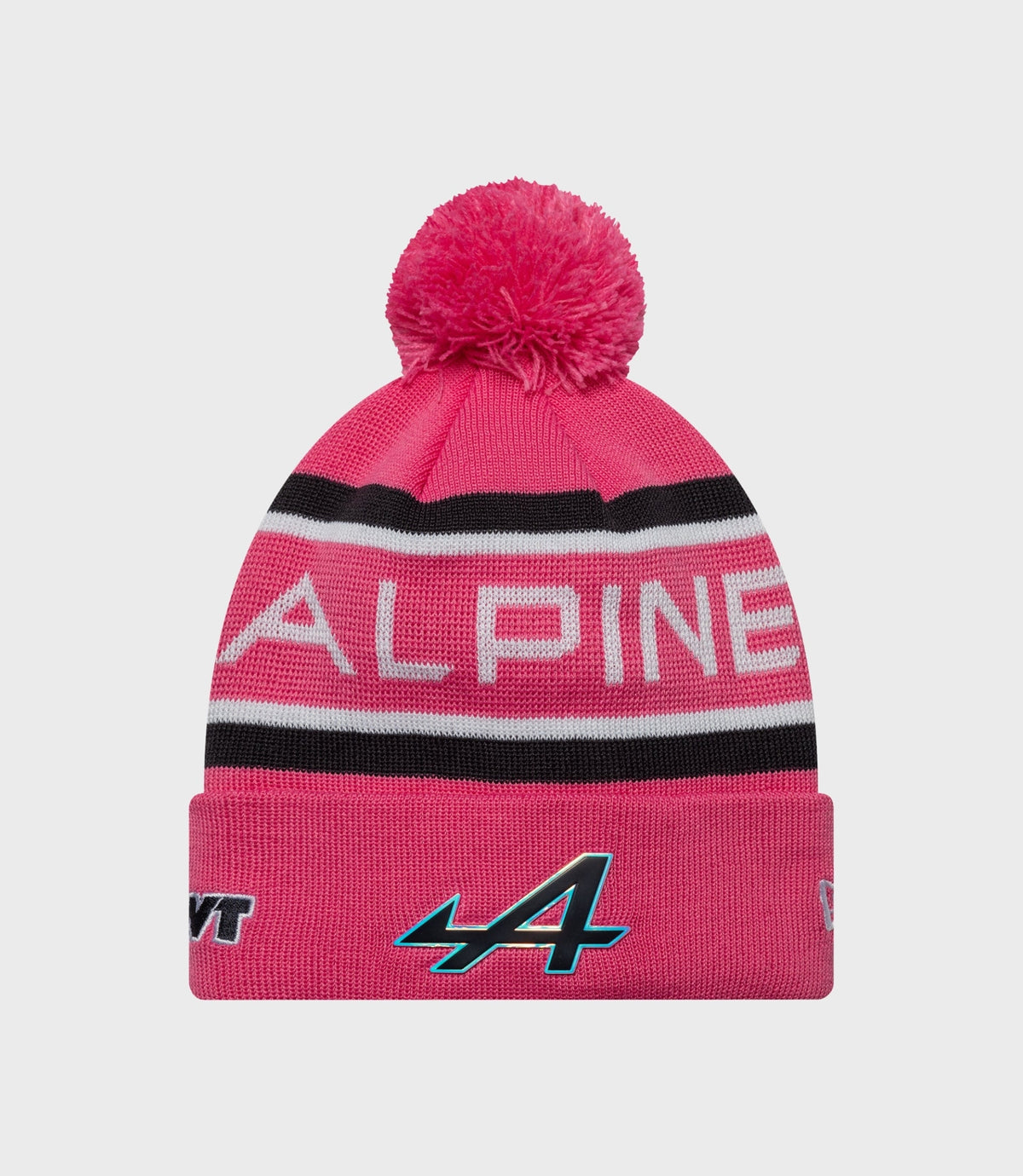 Pink cuff knit beanie with pom pom and Alpine branding on the folded brim