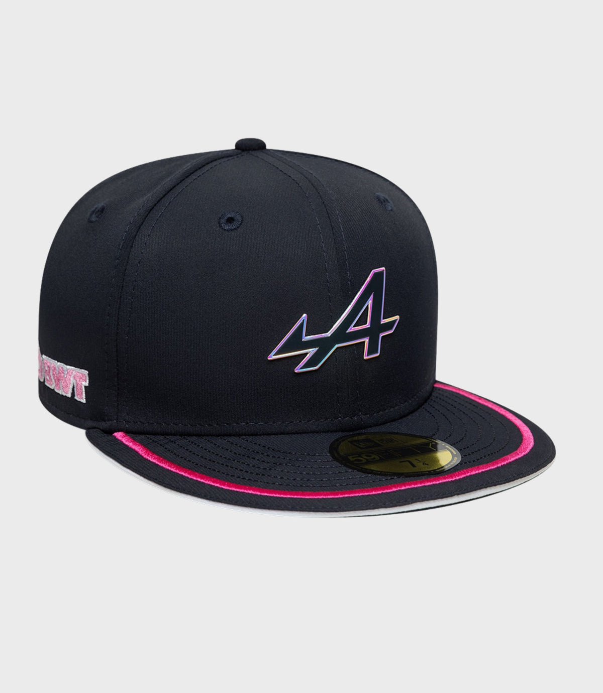 Front and brim view of navy Alpine F1 Team 59FIFTY cap showing gradient logo on the front and pink edge trim on the brim
