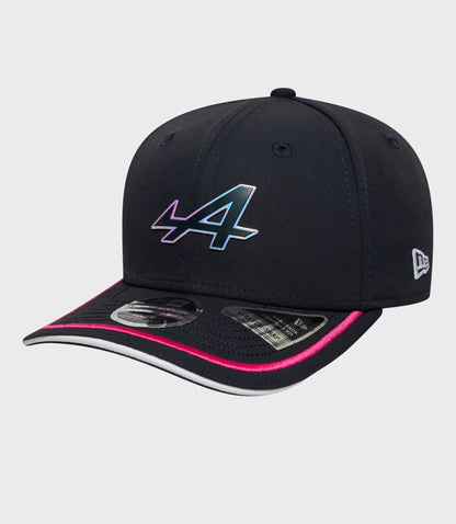 Navy New Era Rep Team 9Seventy Junior cap with a multicolored holographic emblem on the front and pink brim trim