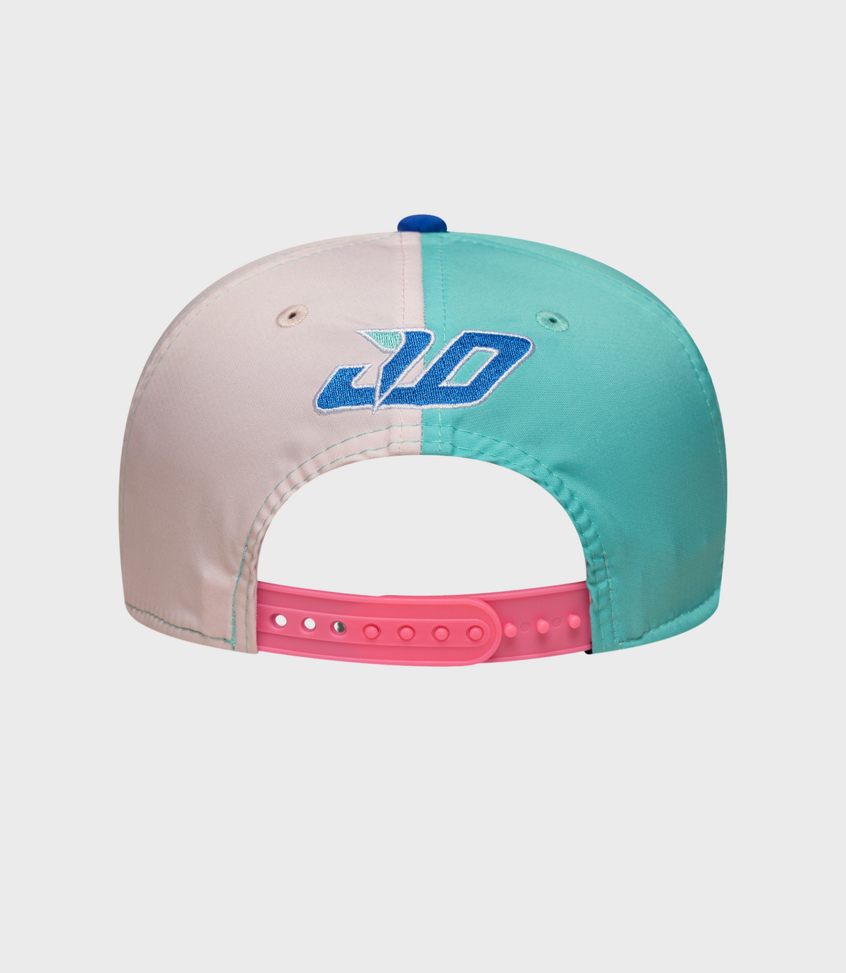 Rear view of the cap showing pink snap strap, pastel pink crown and turquoise brim with a blue top button.