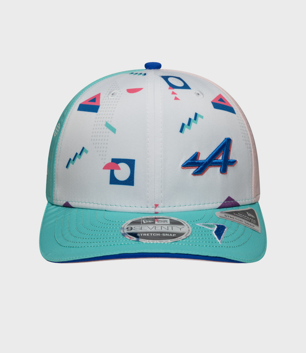 Back right angle of the cap highlighting teal brim pastel pink and turquoise crown panels with bold blue embroidery.