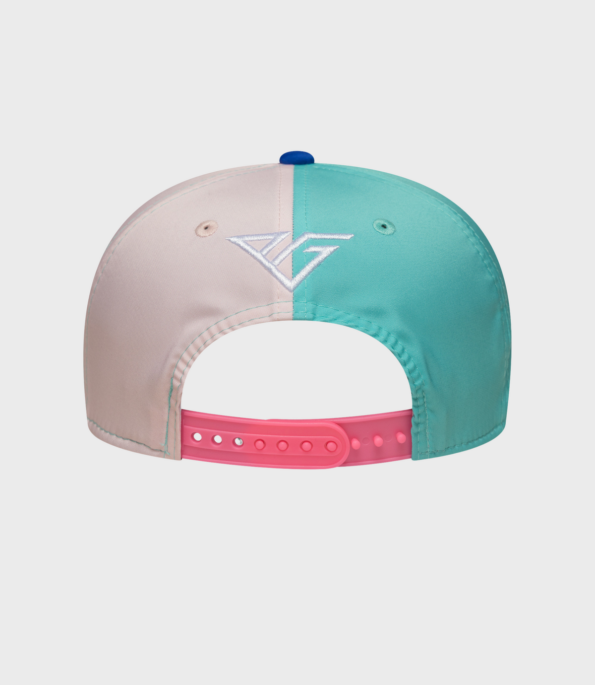 New Era Pierre Gasly Miami 9Seventy stretch snap cap top view showing white pink and teal panels and blue button.