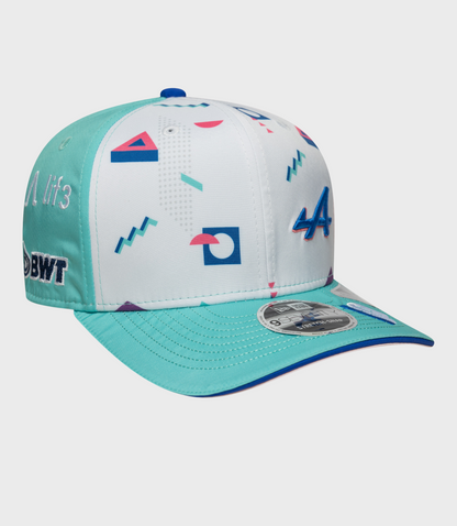 New Era Miami 9Seventy cap teal brim with white panel and colorful geometric prints side view