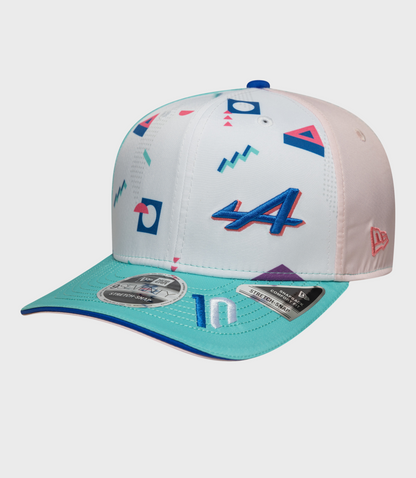 New Era Pierre Gasly Miami 9Seventy stretch snap cap white crown with geometric print and pink side panel.