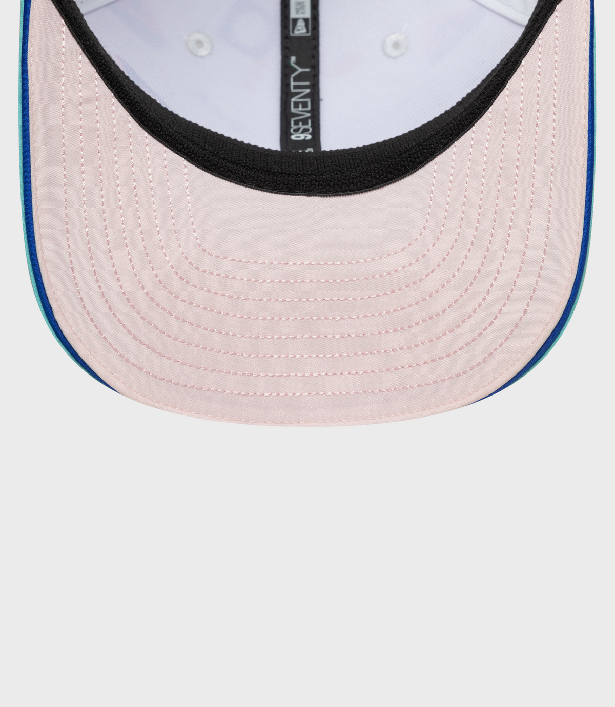 New Era Miami 9Seventy cap close up pink front panel black trim turquoise brim blue button