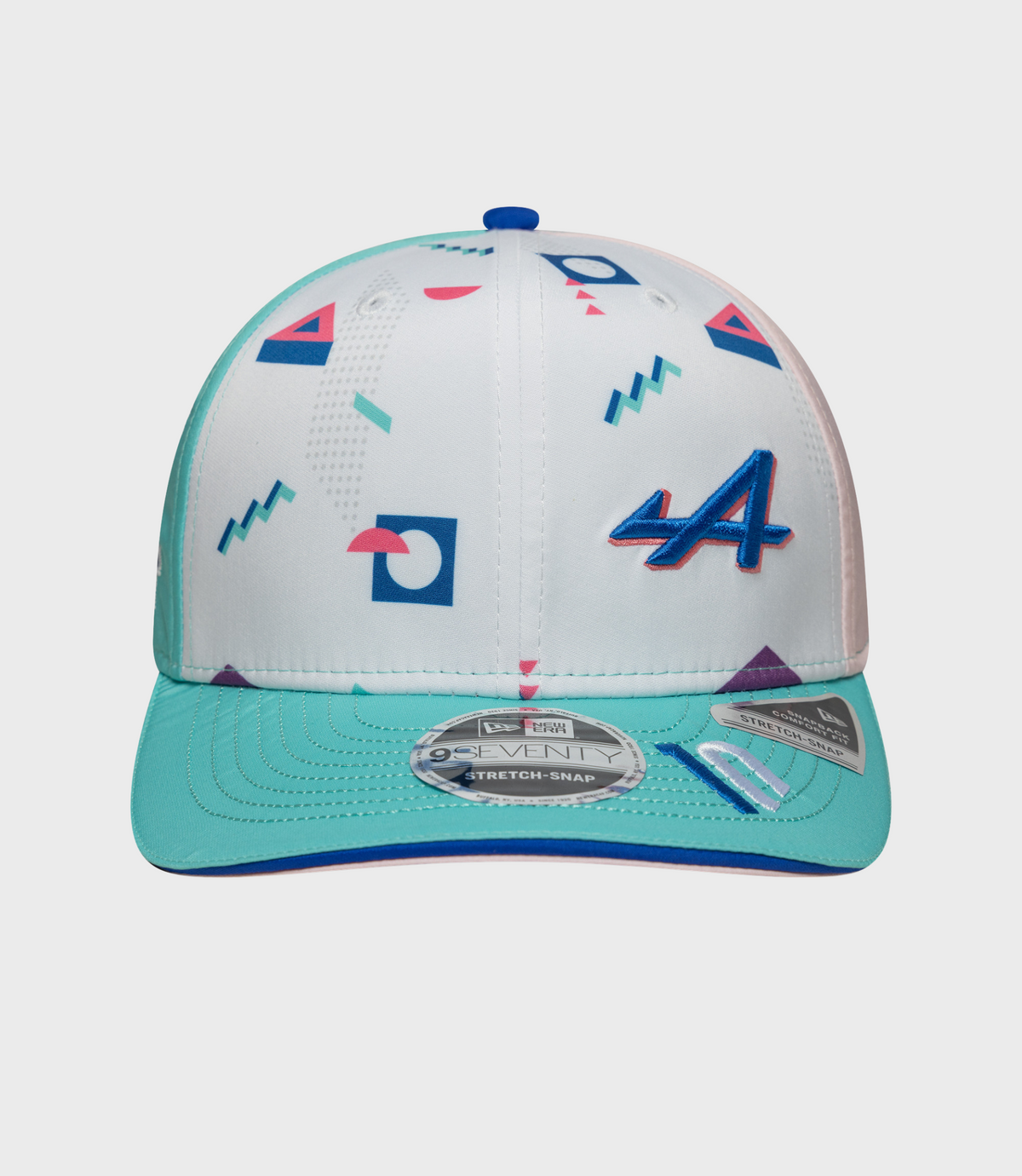 Back view of New Era Pierre Gasly Miami 9Seventy stretch snap cap with pink adjustable strap and teal brim.
