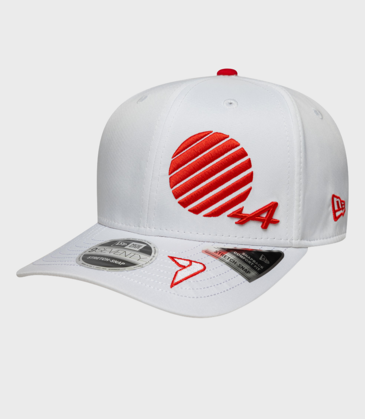 White New Era Alpine 9Seventy cap with red top button and bold red front embroidery.