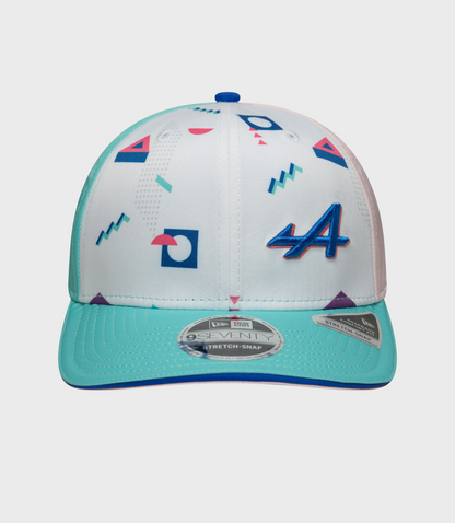 Rear view of the cap revealing a pink adjustable strap and pastel crown panels with turquoise brim
