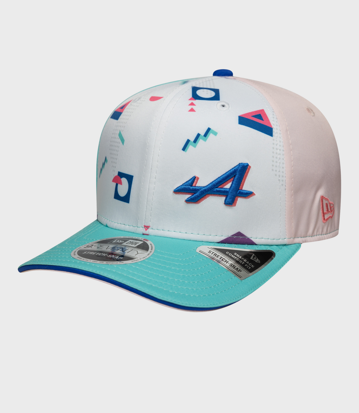 Close up of a New Era Miami 9Seventy Stretch Snap cap with white printed crown pink side panel and turquoise brim blue top button