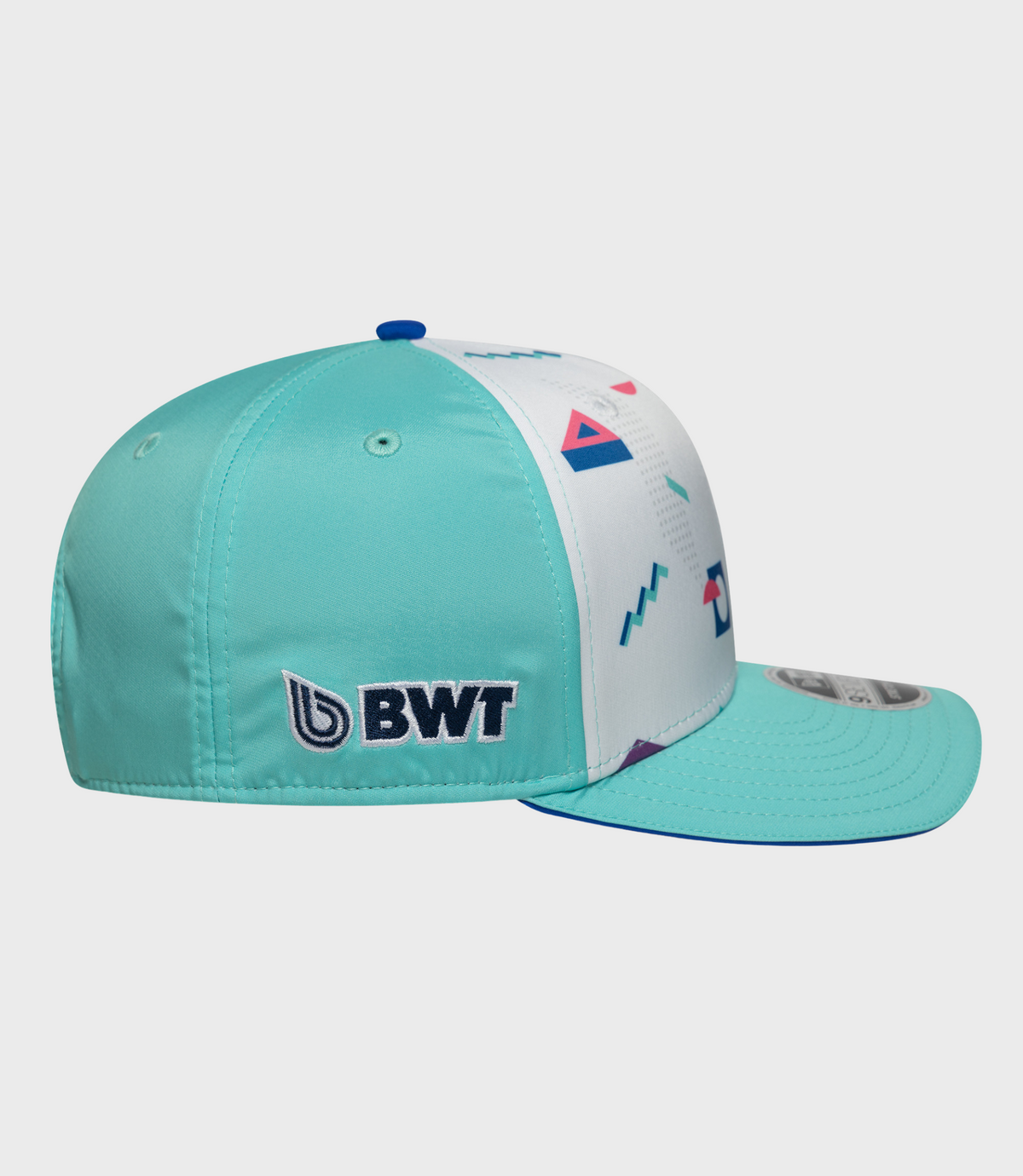 Close-up of teal Miami 9Seventy cap with white printed panels and a blue crown button