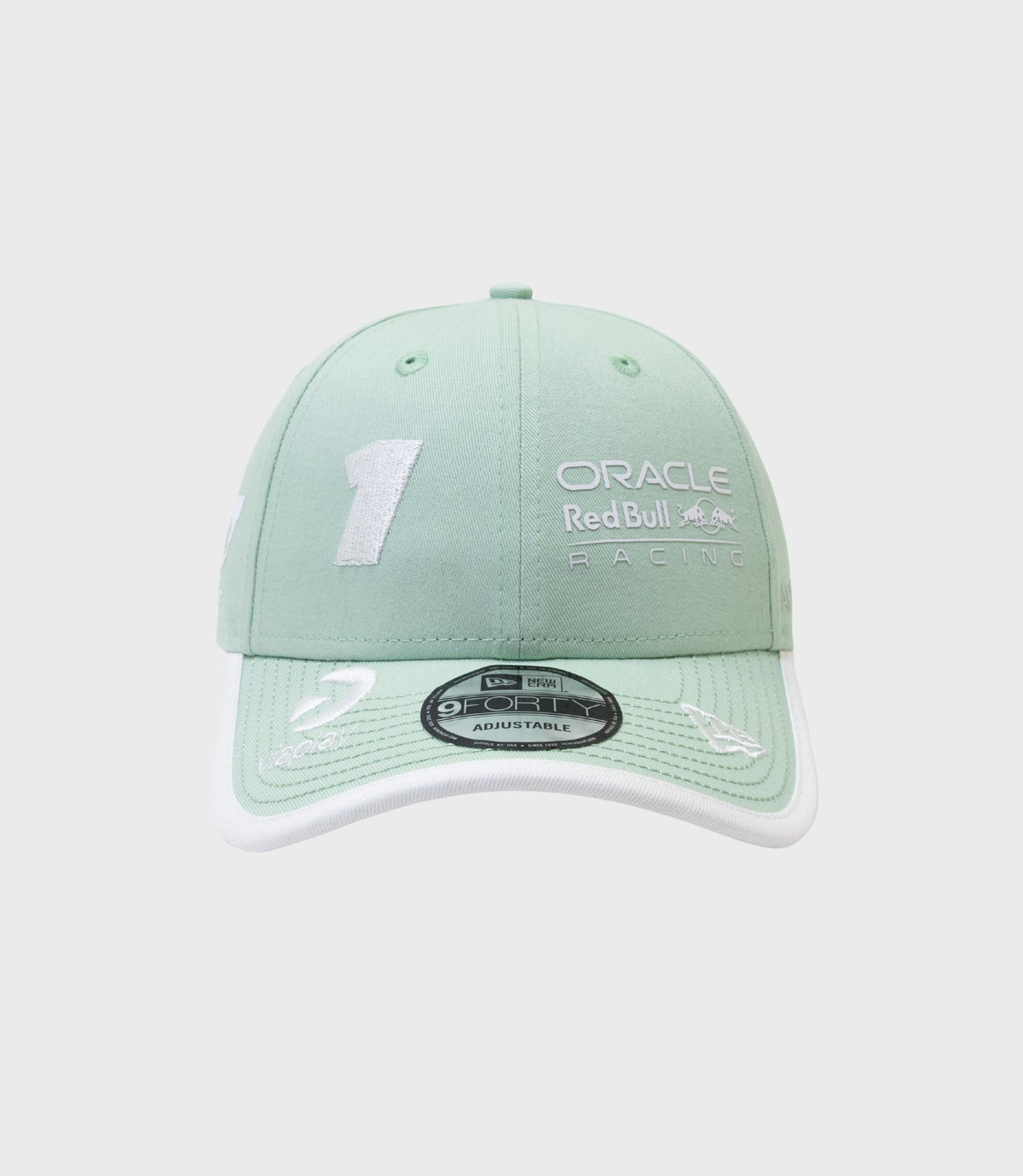 Front view of pastel green cap crown with Oracle Red Bull Racing Miami branding