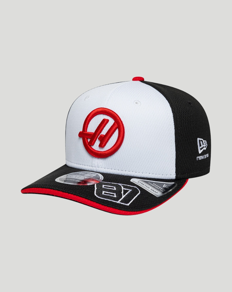 Black and white cap with a red logo on a light gray background