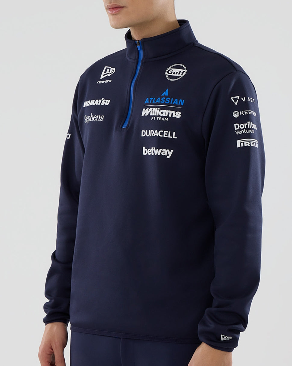 Navy sweatshirt with various brand logos on a white background