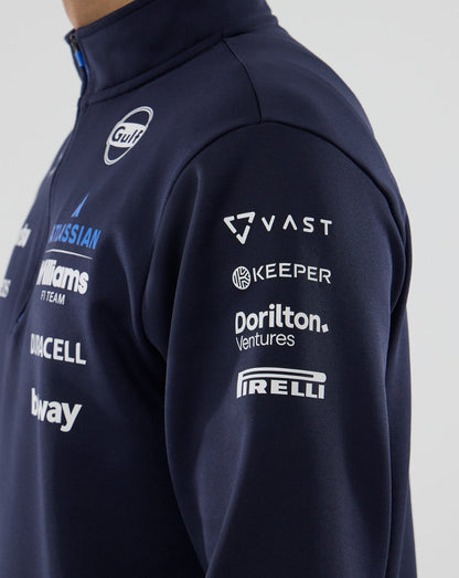 Navy jacket with various brand logos on a light gray background