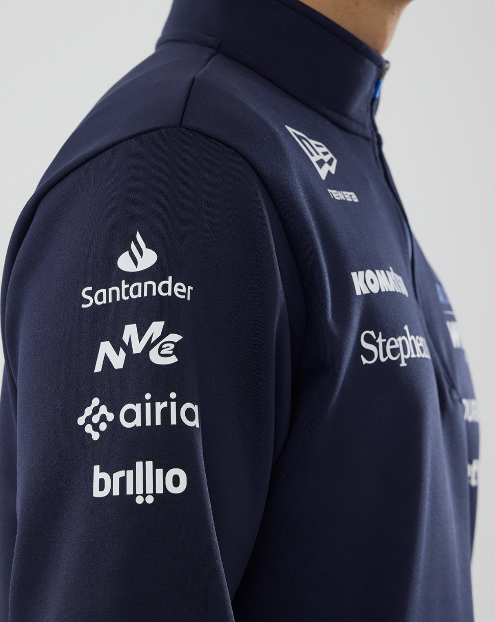 Navy jacket with various brand logos on a plain background
