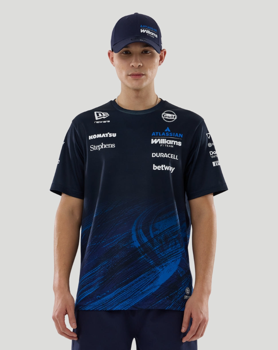 Model wearing navy Williams Racing 2026 F1 team T-shirt with sponsor logos and matching cap