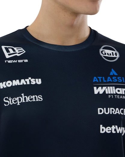 Close up of chest area showing New Era logo left Gulf logo right and Atlassian Williams F1 Team branding with sponsor names