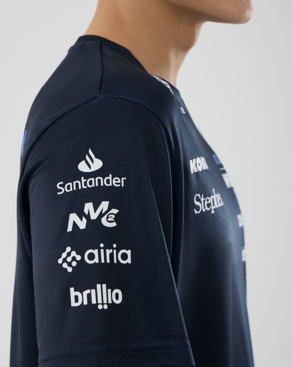 Side view of a navy Williams F1 Team T shirt showing sponsor logos on the left sleeve.