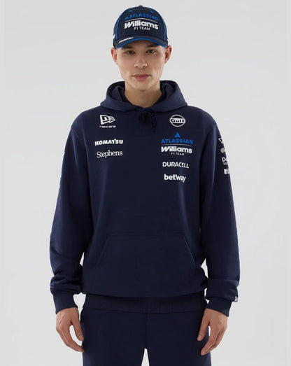 Navy Williams F1 team hoodie by New Era with sponsor logos and a front kangaroo pocket