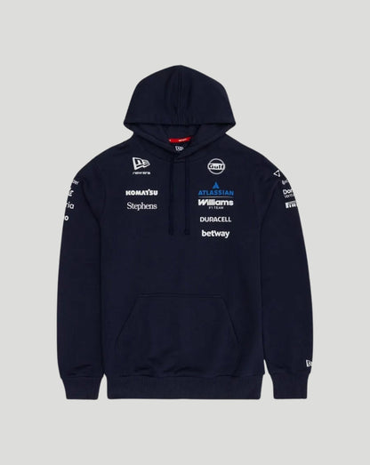 Navy Williams F1 Team hoodie with Atlassian logo on chest and multiple sponsor logos across the front