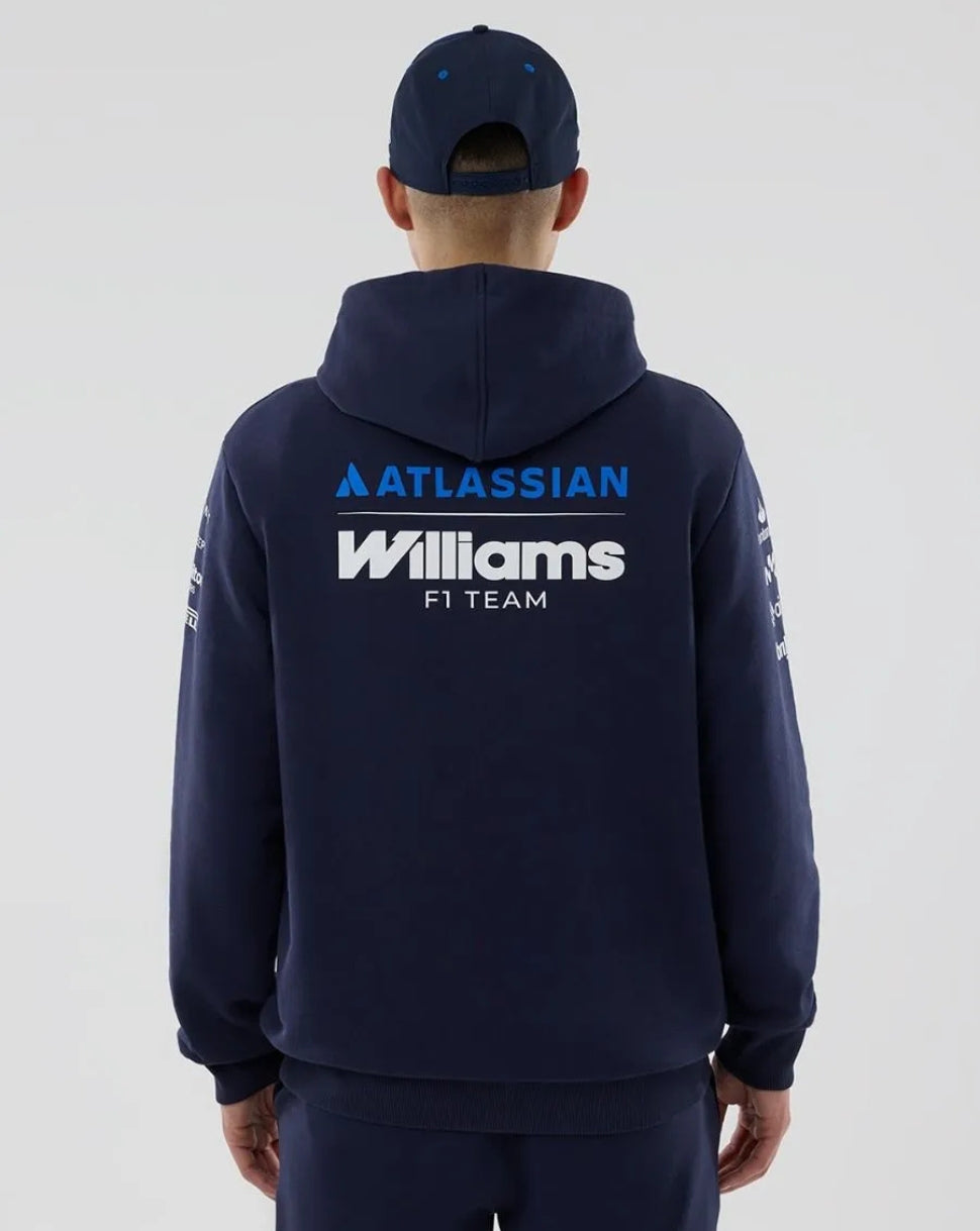 Rear view of the navy Williams Racing hoodie showing a large Atlassian Williams F1 Team logo on the back and logos along the sleeves