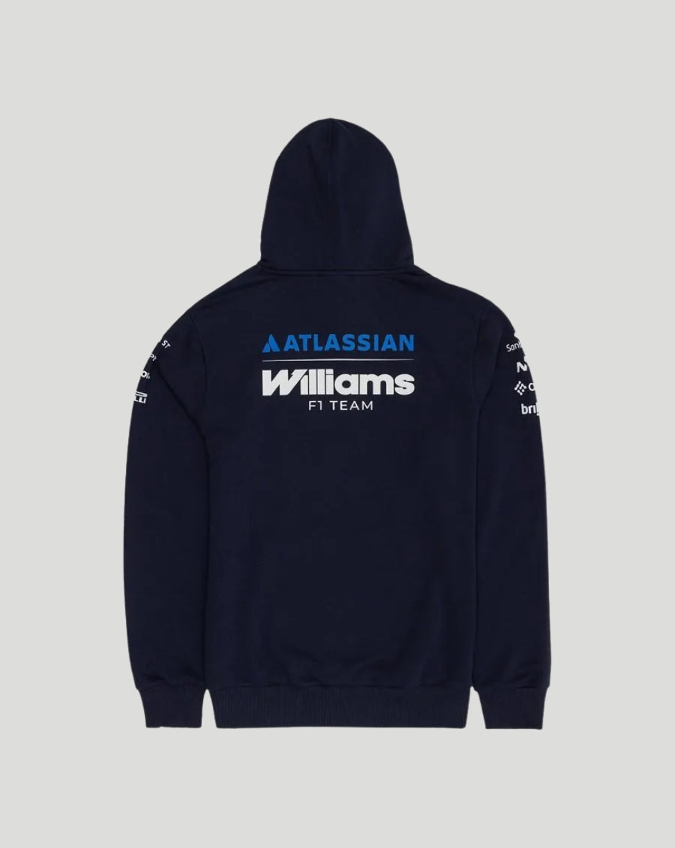 Back view of the navy Williams Racing hoodie with Atlassian Williams F1 Team logo on the back and sleeve sponsor logos