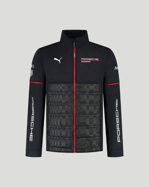A black Puma x Porsche Motorsport zip-up jacket with a quilted lower panel, featuring white logos, a red center zipper, and red sleeve stripes, shown on a solid gray background.