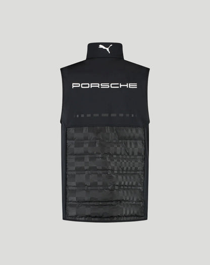 A black sleeveless high-collar vest with a white Puma logo on the collar and 'PORSCHE' printed across the chest, featuring a textured patterned lower panel, shown against a solid light gray background.