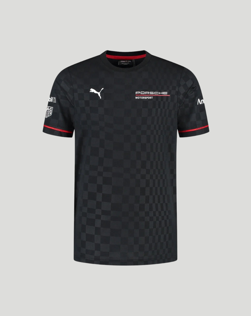 Front view of a black Porsche Motorsport Team T-Shirt with checker pattern and Porsche logo.