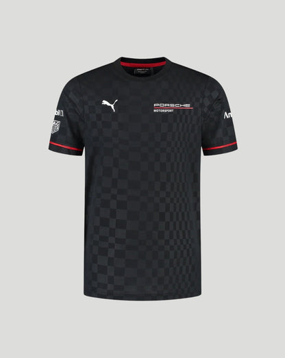 Front view of a black Porsche Motorsport Team T-Shirt with checker pattern and Porsche logo.