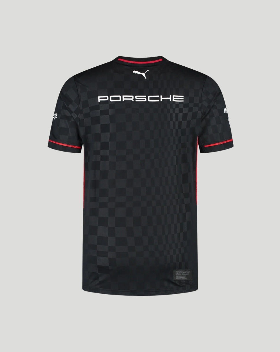 Back view of the black Porsche Motorsport Team T-Shirt with large PORSCHE lettering and a small white Puma logo at the neck.