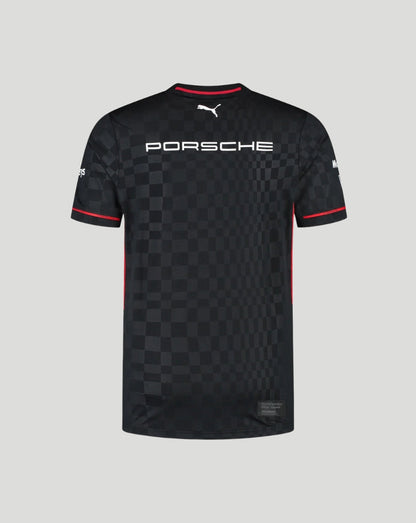 Back view of the black Porsche Motorsport Team T-Shirt with large PORSCHE lettering and a small white Puma logo at the neck.
