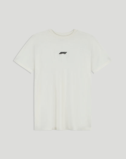 Front view of white T shirt with small black F1 logo centered on chest.