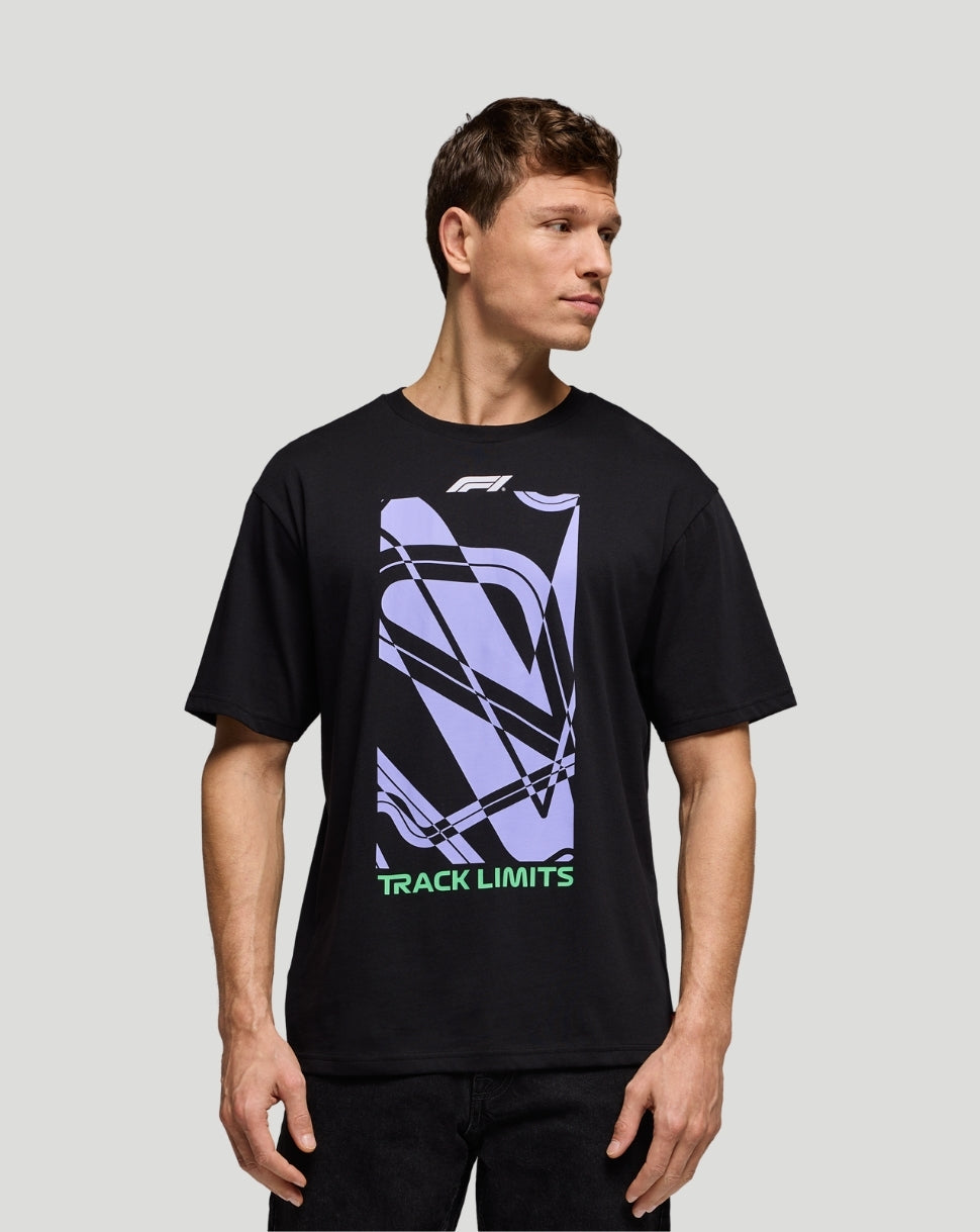 Black F1 Fanwear men's T-shirt with a large lavender abstract graphic and a small Formula 1 logo