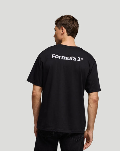 Back view of a black F1 Fanwear T-shirt with white Formula 1 text on the upper back