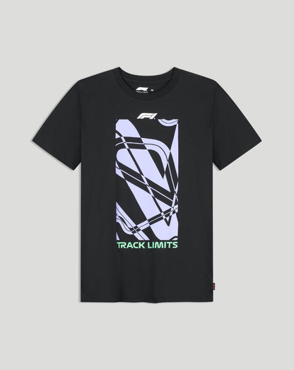 Black F1 Fanwear Track Graphic T Shirt front with lavender abstract design and Track Limits text