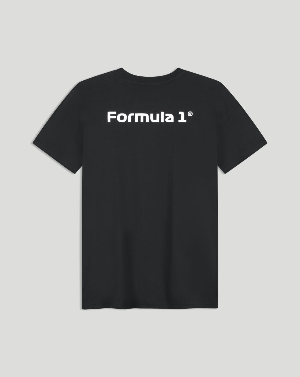 Back view of black Formula 1 T shirt with white branding across the upper back
