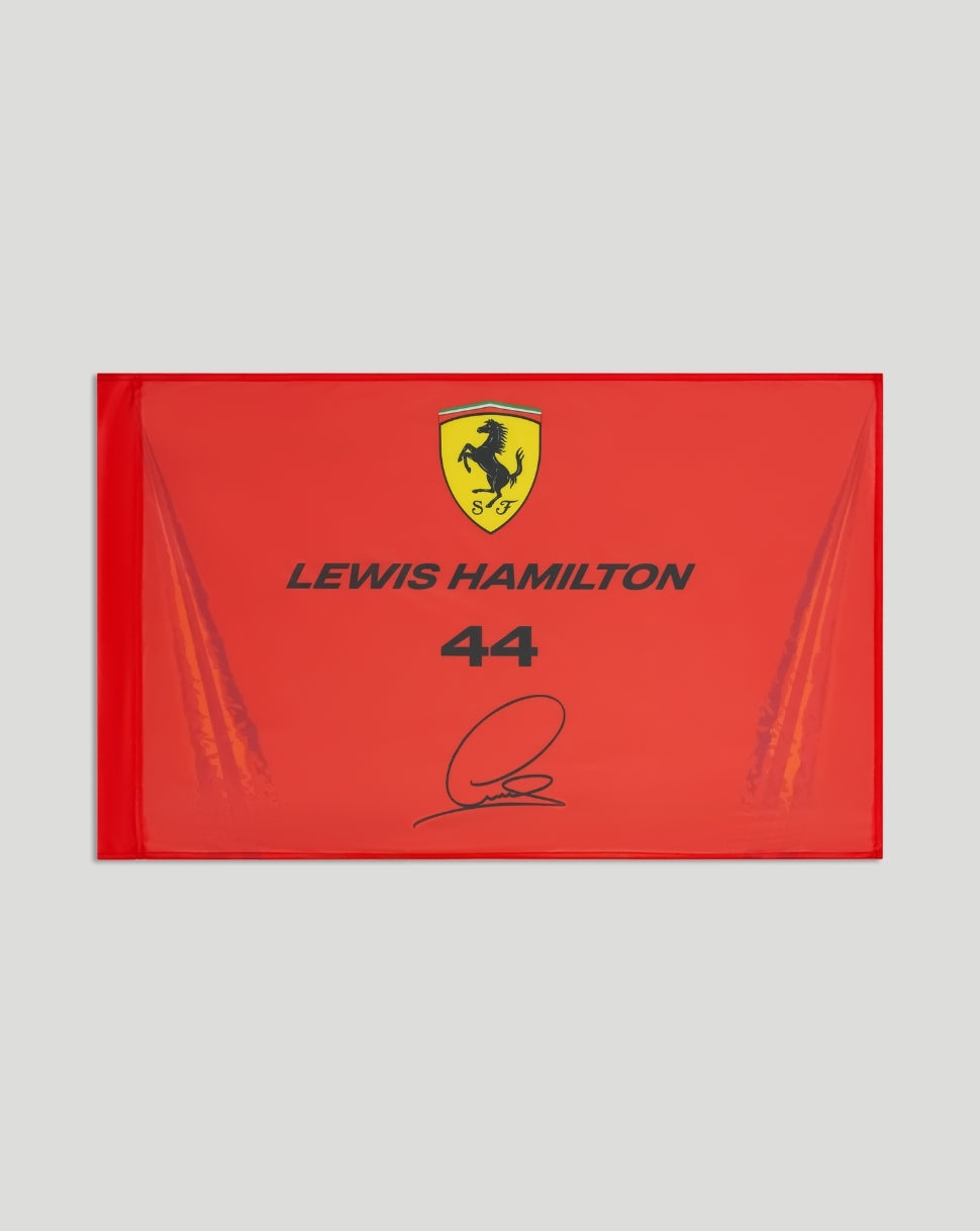 Red Scuderia Ferrari flag featuring the black horse crest and Lewis Hamilton number 44 with autograph.