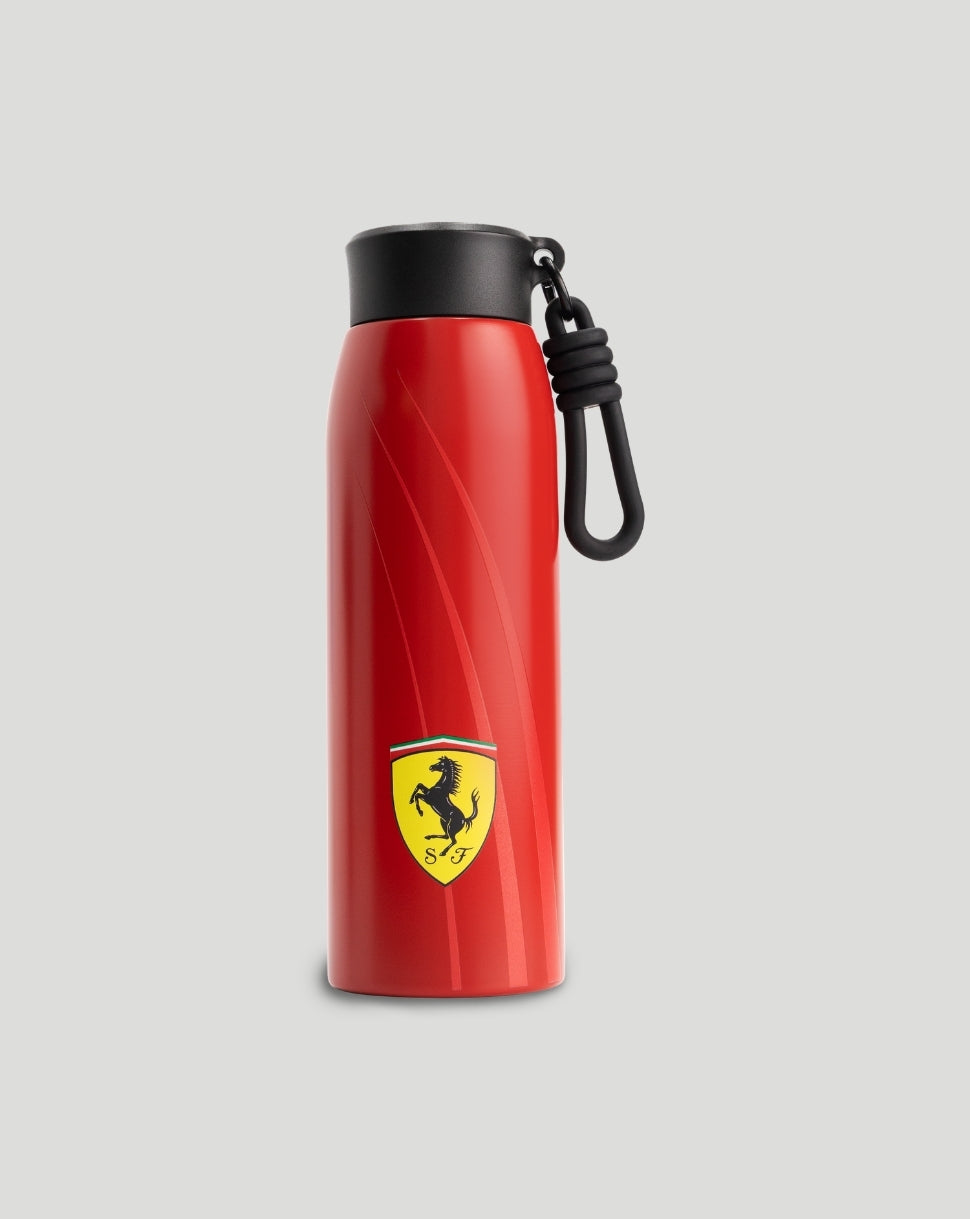 Red Ferrari water bottle with black cap and Ferrari shield logo