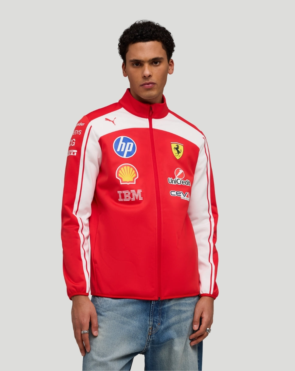 Scuderia Ferrari men's red team softshell jacket with sponsor logos and white detailing worn by a model