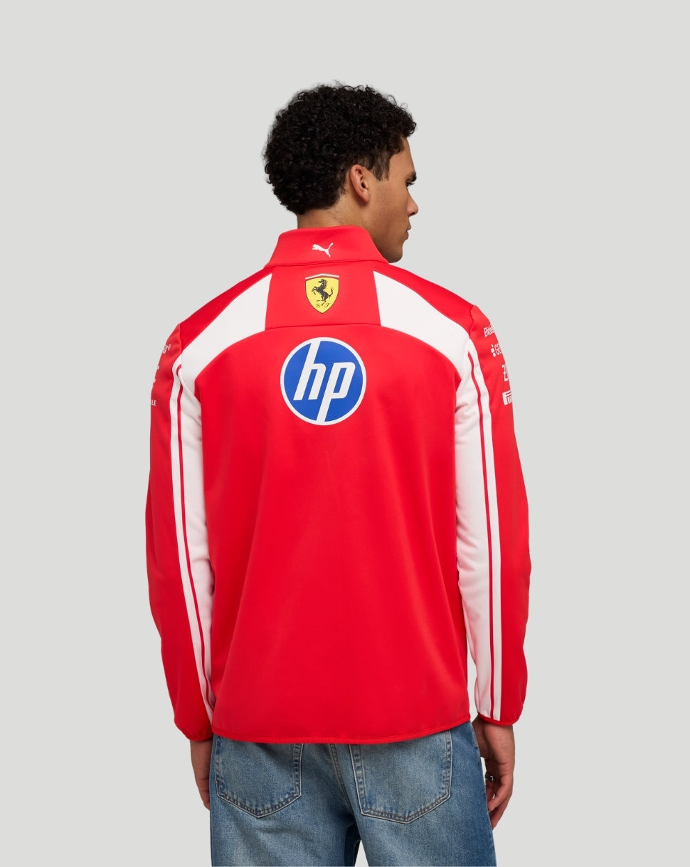 Back view of red Scuderia Ferrari softshell jacket with white panels and a large hp logo on the back.