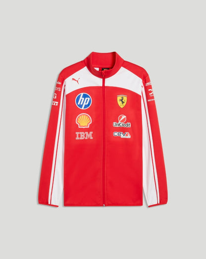 Front view of red Scuderia Ferrari team softshell jacket with HP and sponsor logos.