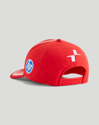 Rear view of red Scuderia Ferrari team Leclerc cap with perforated panels and adjustable strap.