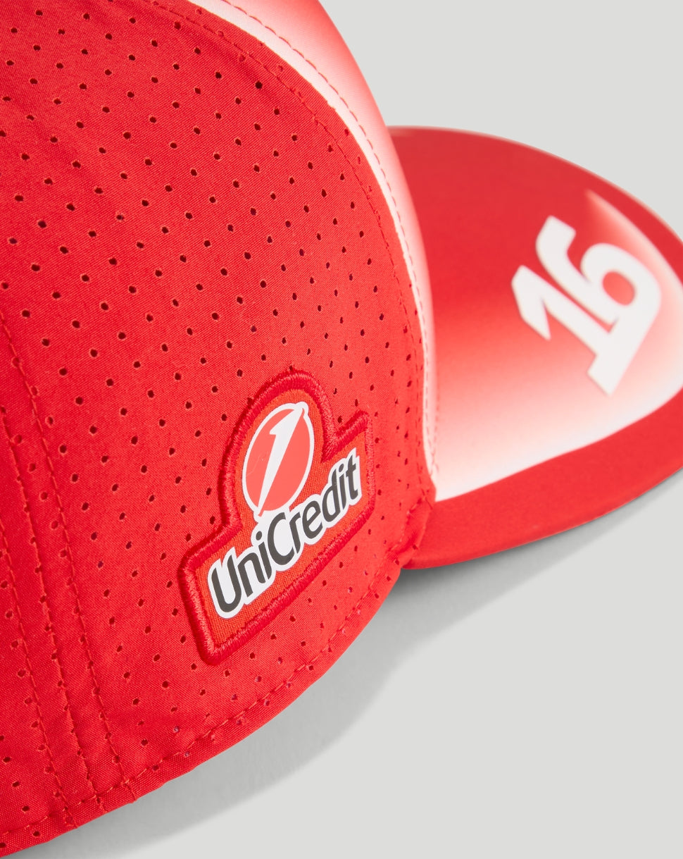 Close-up of red cap showing perforated side panel and UniCredit logo patch