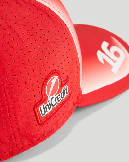 Close-up of red cap showing perforated side panel and UniCredit logo patch
