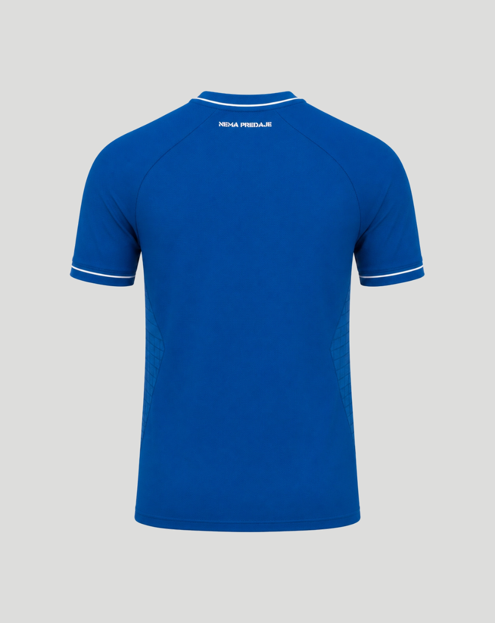 Back view of blue GNK Dinamo Zagreb junior home shirt with white trim on sleeves and collar.
