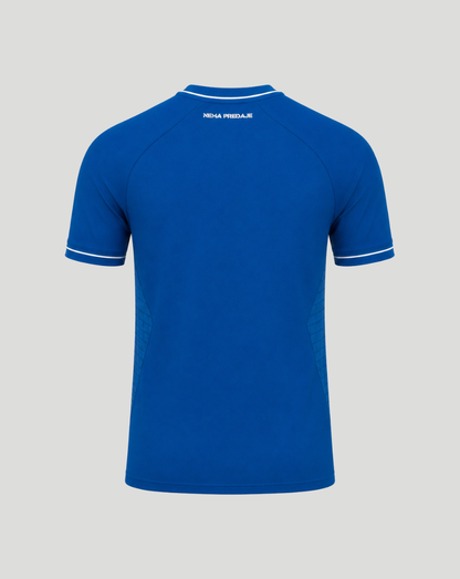 Back view of blue GNK Dinamo Zagreb junior home shirt with white trim on sleeves and collar.