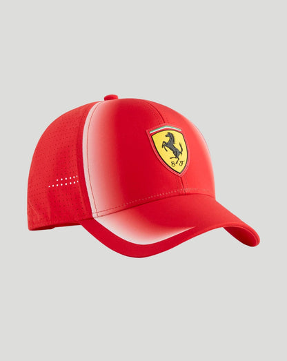 Red Scuderia Ferrari Junior Team cap with yellow shield crest displaying the prancing horse on the front and curved brim